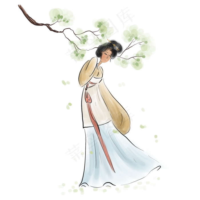 水墨古代树下的少女,免抠元素