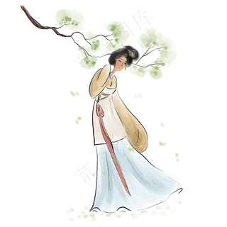 水墨古代树下的少女,免抠元素