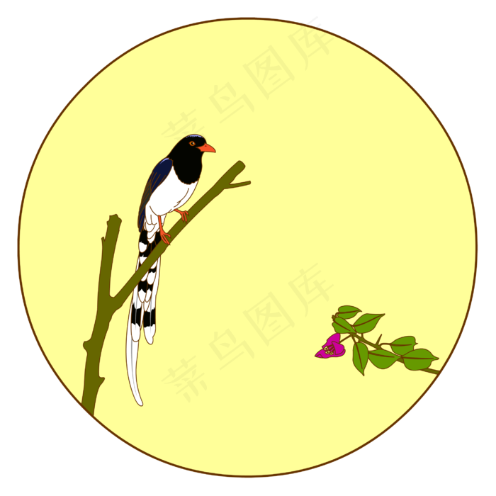 中国风花鸟圆形边框红嘴蓝鹊矢量,免抠元素