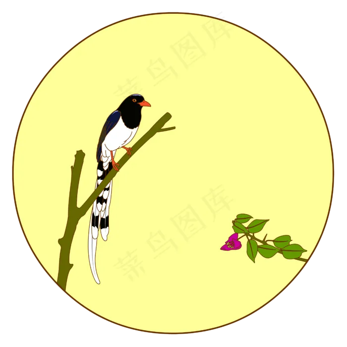 中国风花鸟圆形边框红嘴蓝鹊矢量,免抠元素(2920*2920px 300 dpi )eps,ai矢量模版下载