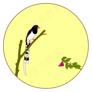 中国风花鸟圆形边框红嘴蓝鹊矢量,免抠元素
