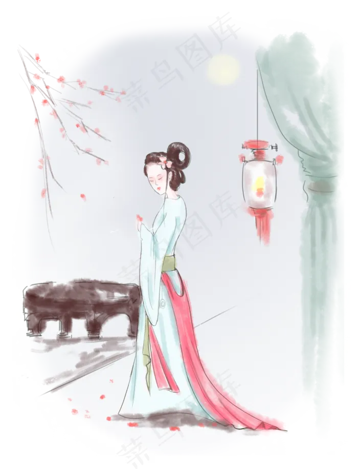 古风美女手绘装饰图(2559X3346(DPI:500))psd模版下载
