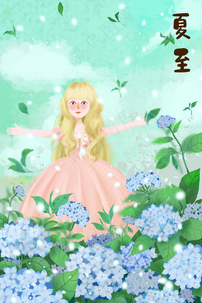 夏至绿色治愈系绣球花女孩(3545*5315px 300 dpi )psd模版下载