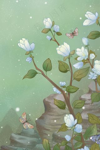 绿色唯美卡通古风复古工笔画春季花卉配图