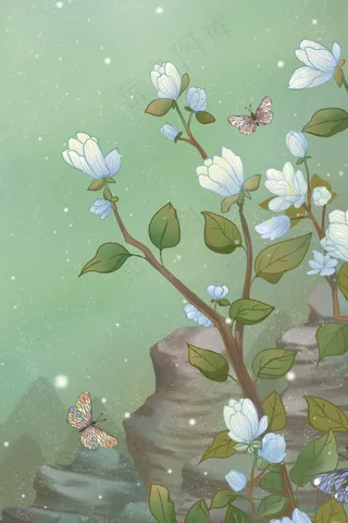 绿色唯美卡通古风复古工笔画春季花卉配图