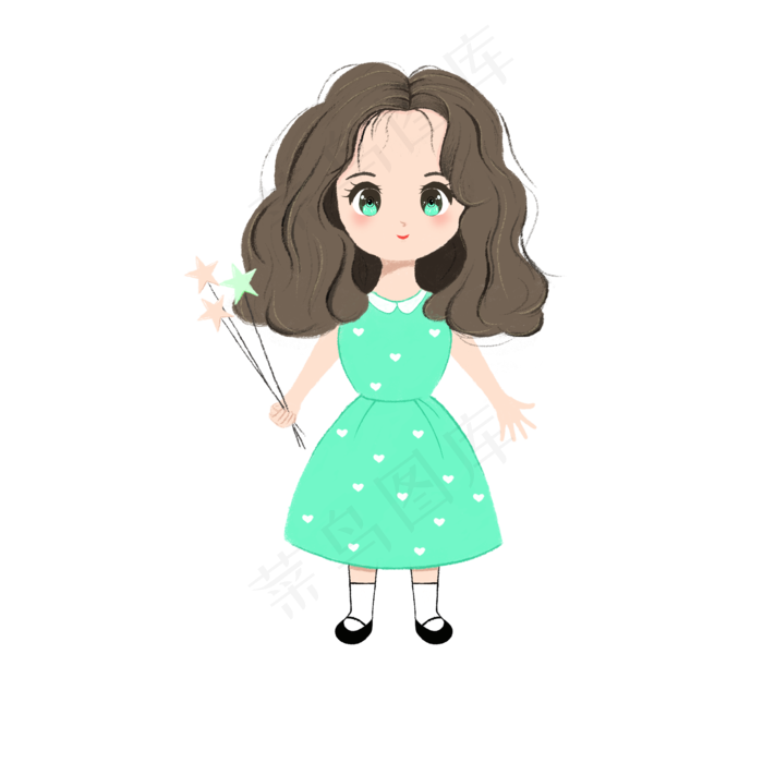 六一儿童节穿绿色裙子小女孩手绘
