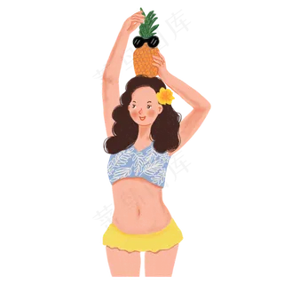 彩绘大暑菠萝和少女设计元素