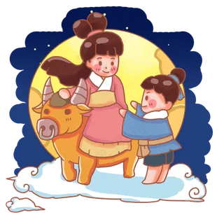 坐着黄牛上的牛郎织女,免抠元素