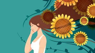 蓝色系卡通手绘风立秋葵花女孩配图