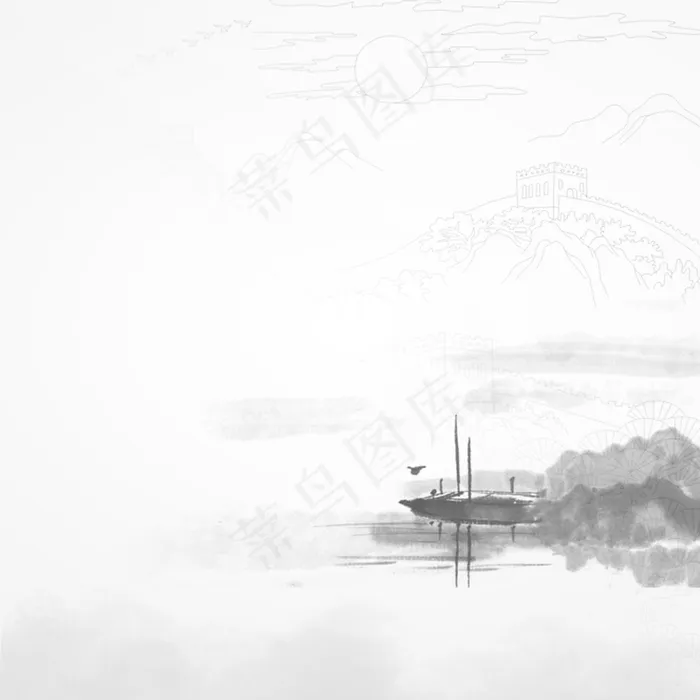 水墨古风山水画装饰(2000X2000(DPI:300))psd模版下载