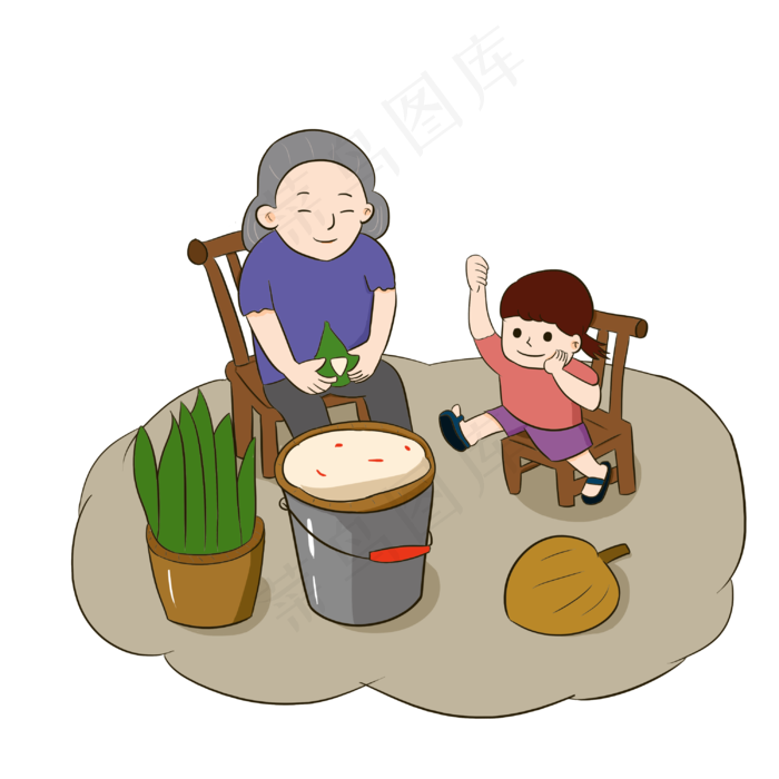 端午节传统习俗奶奶包粽子手绘插(3000X3000(DPI:300))psd模版下载