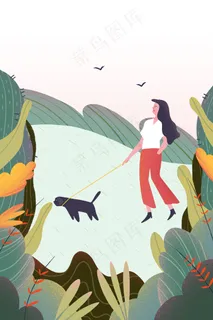 夏天出游大自然的女孩和小狗