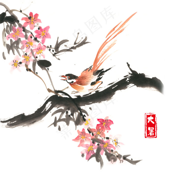 大暑鲜花与小鸟,免抠元素(2200*2200px 300 dpi )psd模版下载