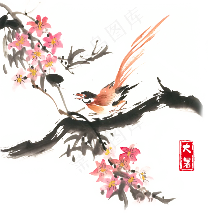 大暑鲜花与小鸟,免抠元素(2200*2200px 300 dpi )psd模版下载