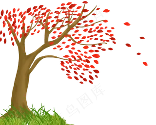 飘落红色叶子的大树PNG