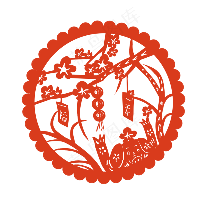 猪年窗花春节元素,免抠元素