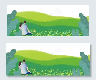 夏季小暑手绘草地情侣banner