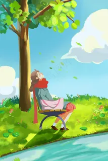 春天春困春乏风景少女蓝天白云小清新插画