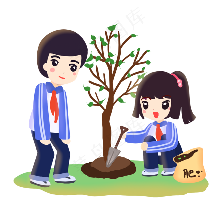 植树节校园同学为树木施肥,免抠元素