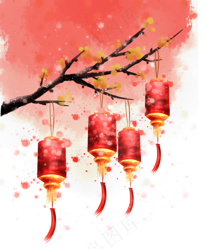 水彩春节灯笼装饰,免抠元素(2500X3000(DPI:300))psd模版下载