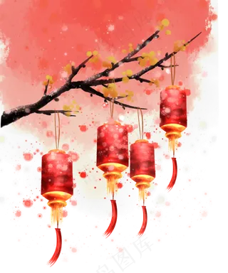水彩春节灯笼装饰,免抠元素
