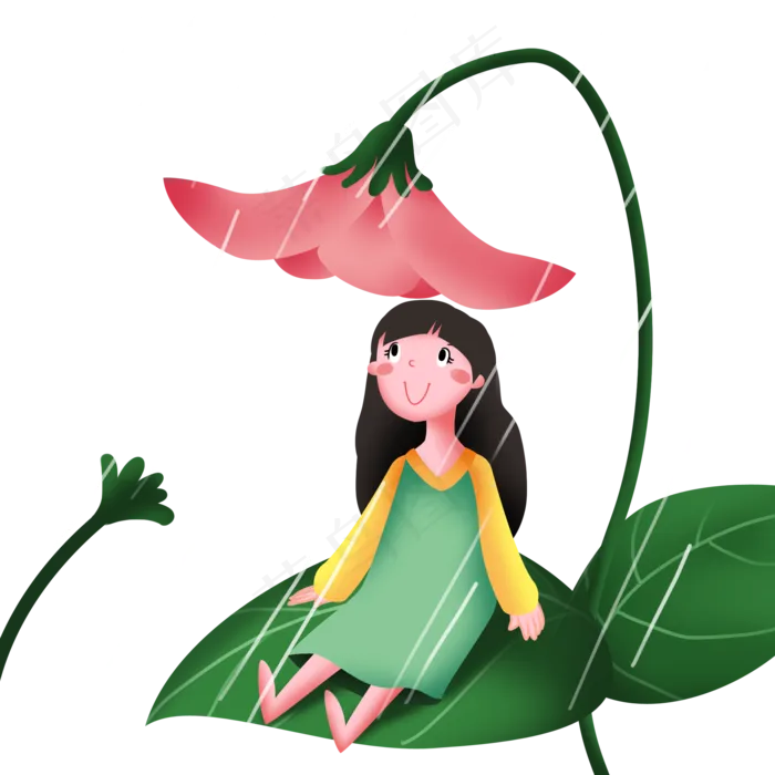 谷雨在叶子下躲雨的小女孩(2000X2000(DPI:299))psd模版下载