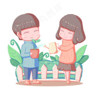 植树节照顾花草人物卡通手绘免扣