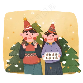 圣诞夜情侣一起制作饼干,免抠元素