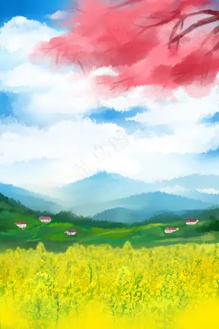 樱花树下远山农舍油菜花田