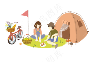 卡通可爱扁平手绘快乐春游男女帐