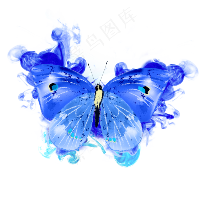 蓝紫色蝴蝶水彩晕染,免抠元素
