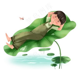 躺在荷叶上乘凉的男孩