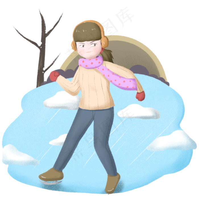 大寒滑雪的小女孩插画,免抠元素