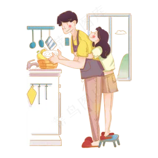 情人节情侣在家做饭手绘插图