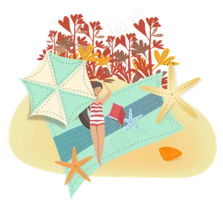看书女孩沙滩场景阅读秋天叶子泳