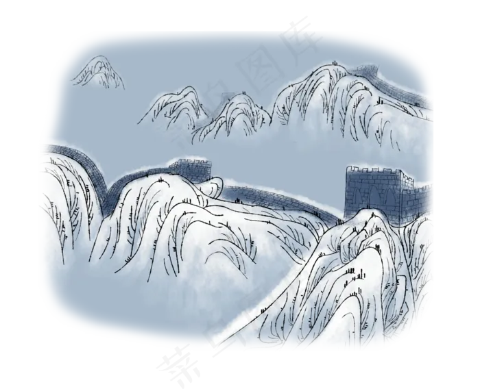 中国万里长城雪景冬写实山水水墨