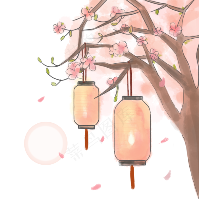 水彩手绘古风桃树灯笼(2500X2500(DPI:300))psd模版下载