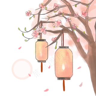 水彩手绘古风桃树灯笼