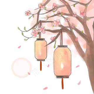 水彩手绘古风桃树灯笼 水彩手绘古风桃树灯笼