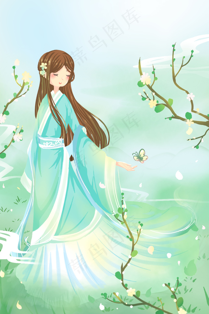 春天春季你好唯美卡通绿色插画