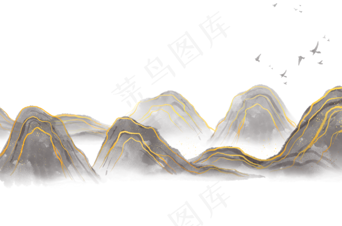 古风水墨金线山水,免抠元素
