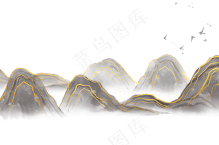 古风水墨金线山水,免抠元素