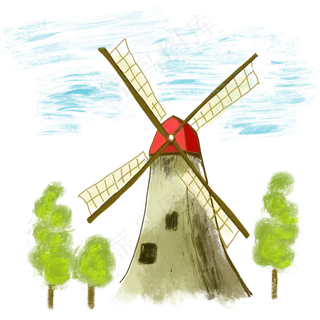 手绘风车春天风景