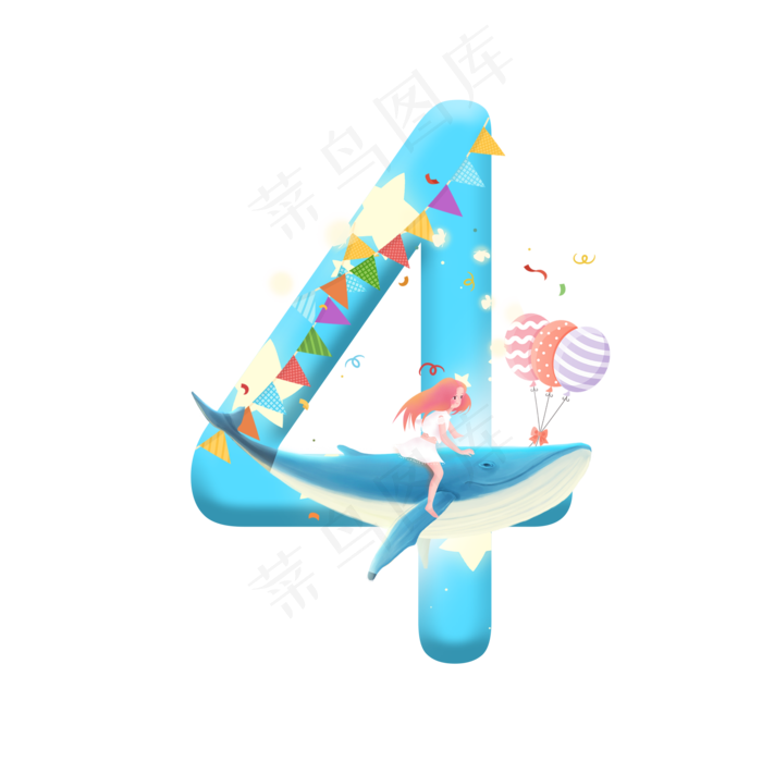 卡通女孩与鲸鱼儿童节倒计时数字4