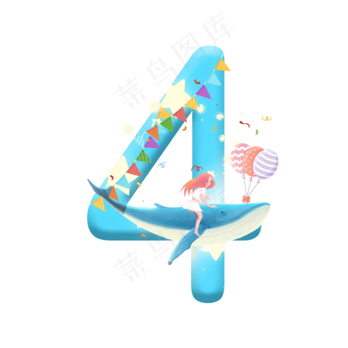 卡通女孩与鲸鱼儿童节倒计时数字4(2000X2000)