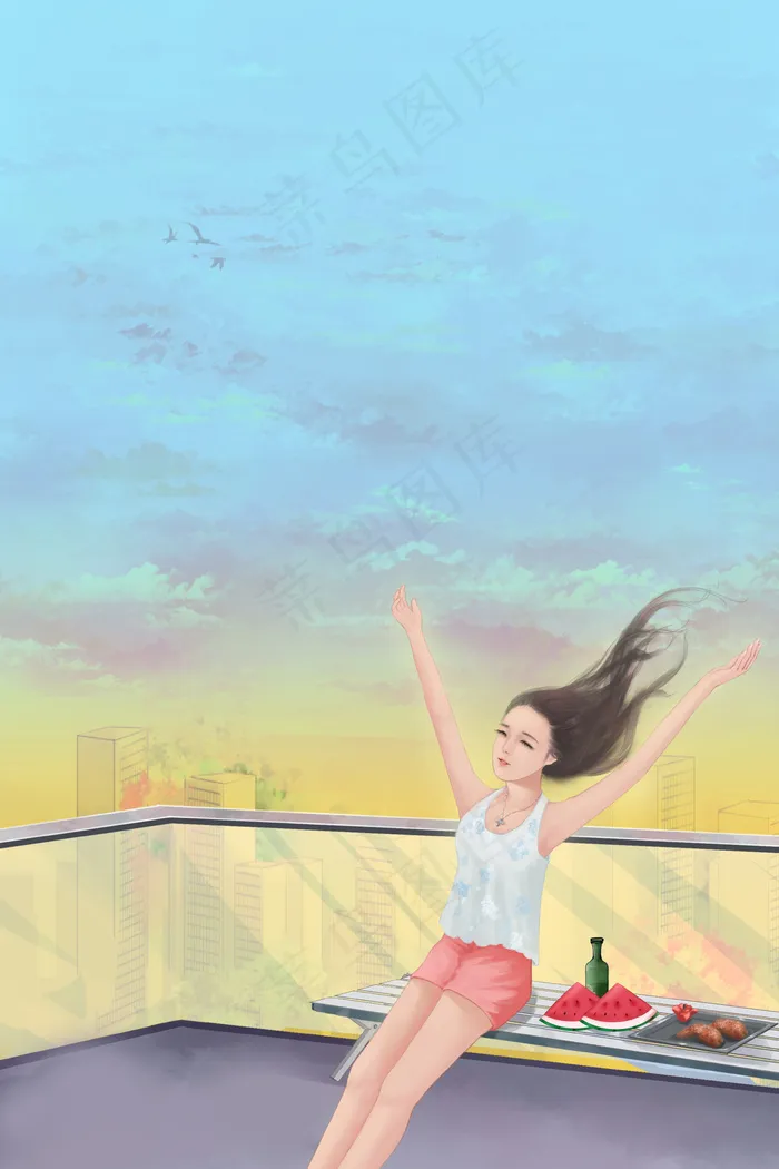 夏天喝啤酒吃西瓜炸鸡时尚女孩(3545*5315px 300 dpi )psd模版下载