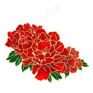 节日中国风红色金边牡丹手绘花叶,免抠元素
