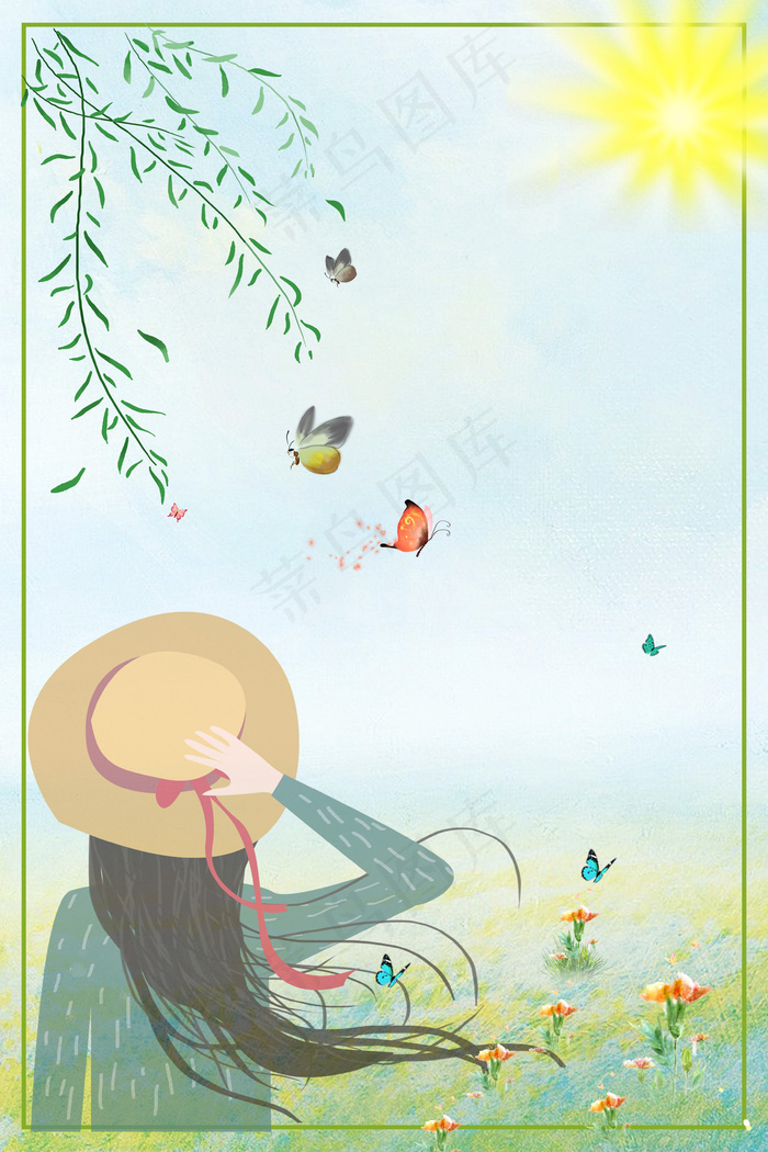 简约春天美女人物背景边框背景图片素材,背景元素