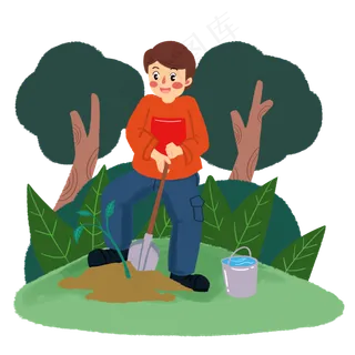 植树节男孩持铁锹挖土种树苗,免抠元素