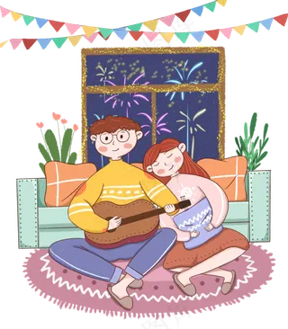 手绘小清新2019年元旦跨年的情侣�,免抠元素